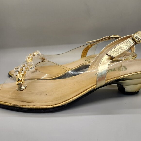 Onex Vintage 1960s Gold Metallic & Clear Wedge Heel Sandal RARE - Picture 2 of 4